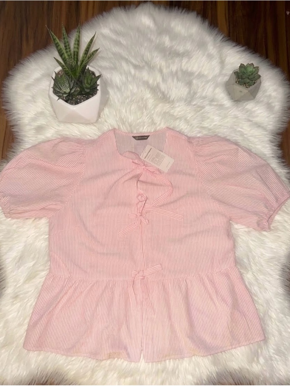 Pretty Garden Women’s Pink Striped Tie-Front Peplum Top
